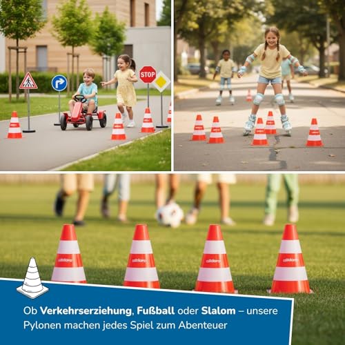 alldoro 60090 Pylonen 4er-Set für Kinder, Verkehrshütchen orange-weiß, 18 cm hoch, stapelbare Leitkegel für Slalom, Sport & Freizeit