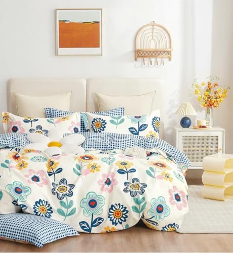Image of DECOMIZER Super Soft Glace Cotton King Size AC Comforter II Blanket II Duvet for Double Bed with 1 Flat Bedsheet and 2 Pillow Cover - 4 Piece Comforter Set - Blue Sunflower
