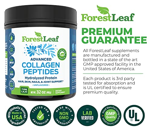 Forestleaf Advanced Hydrolyzed Collagen Peptides – Type 1, 2 And 3 Unflavored Protein Powder - Pasture Raised, Grass Fed - Anti-Aging, Joint, Skin, Hair And Bones Formula - 2 Lbs, 80 Servings #TOP1