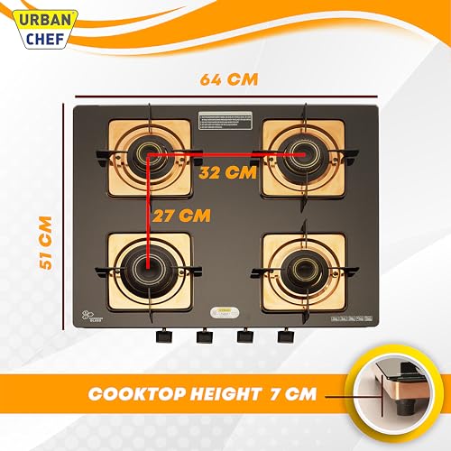 Urban Chef Gas Stove 4 Burners Glass Top | ISI Certified 4 Burner Stoves | Kitchen Gas Chulha LPG & PNG Compatible | Toughned Brass Burner Manual... - Image 4