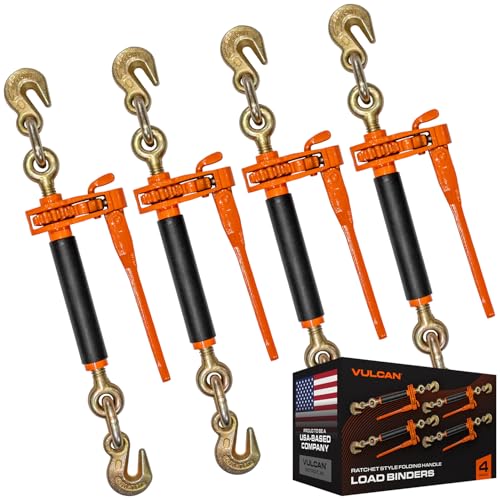 Image of VULCAN Folding Handle Load Binder (Four Pack) with 2 Grab Hooks - Ratchet Style - 7100 Pound Safe Working Load (Works with 5 /16 Inch or 3 /8 Inch Grade 70 and Grade 80 Chain)