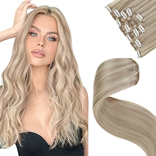 LaaVoo Blonde Clip in Human Hair Extensions 18 inch Dark Ash Blonde Highlighted Light Blonde Remy Hair Extensions Clip ins Ash Blonde Highlights Real Hair Extensions Double Weft 5pcs/80g