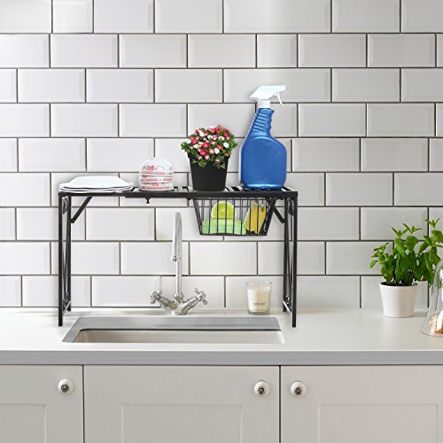 Mygift Black Metal Over The Sink Organizer Shelf With Pull Out Drawer, Expandable Kitchen Caddy Rack, Bathroom Storage Shelf Riser With Scrollwork Design #TOP3