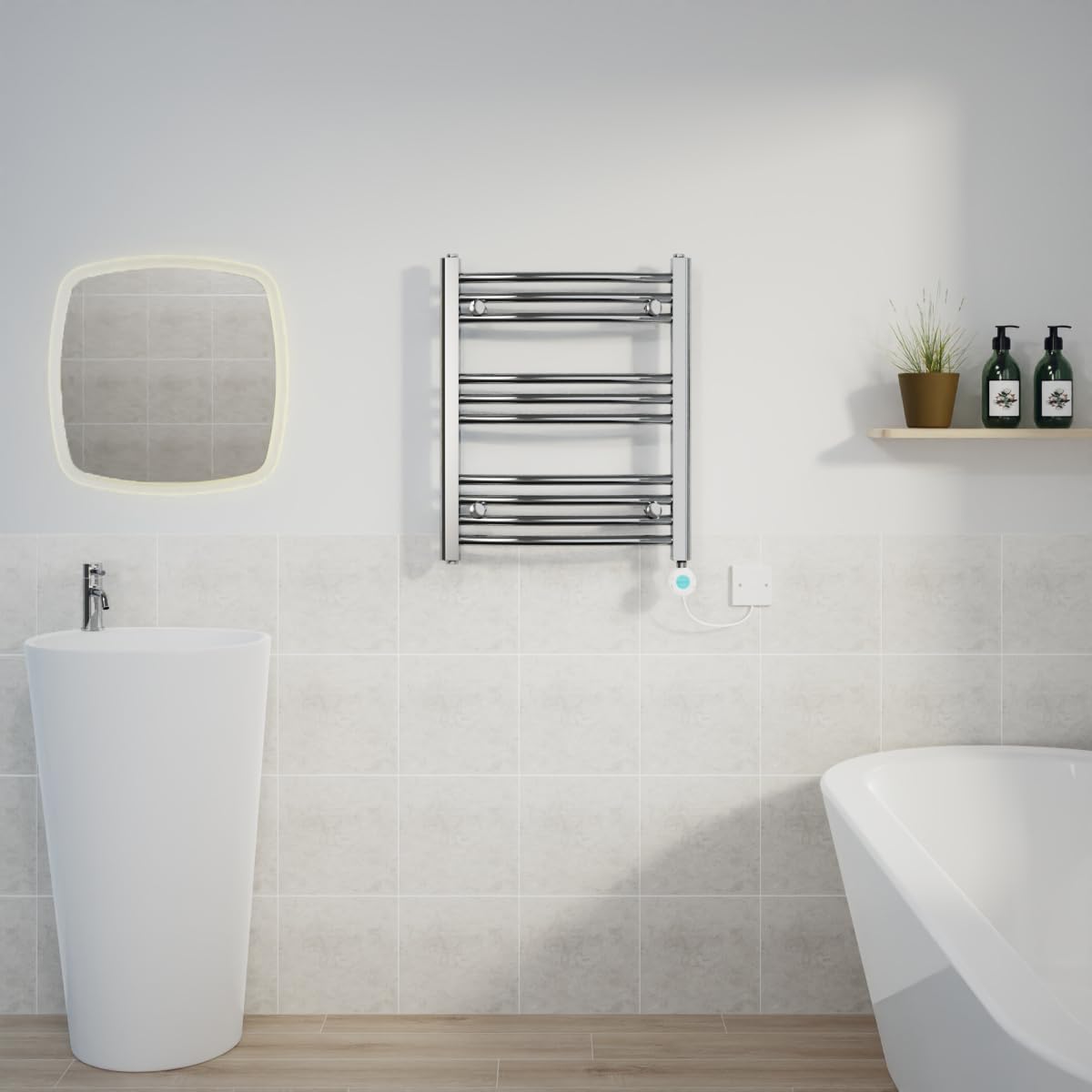Warmehaus Electric Heated Towel Rail Curved Chrome Thermostatic Bathroom Towel Radiator with Timer - 600x500mm