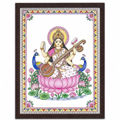 Image of PAPER PAJAMA Goddess Saraswati Vastu Wall Art for Living Room | Madhubani Saraswati Mata Painting with Veena | Traditional Mithila Religious Framed Decor for Home, Office & Study Room (10x13 Inches)