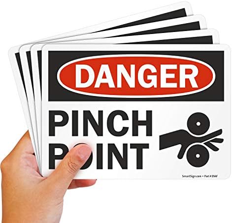 SmartSign (Pack of 4) 5 x7 inch “Danger - Pinch Point” OSHA Sticker Labels with Symbol, 5 mil Laminated Polyester with SuperStick Adhesive, Red, Black and White, Made in USA