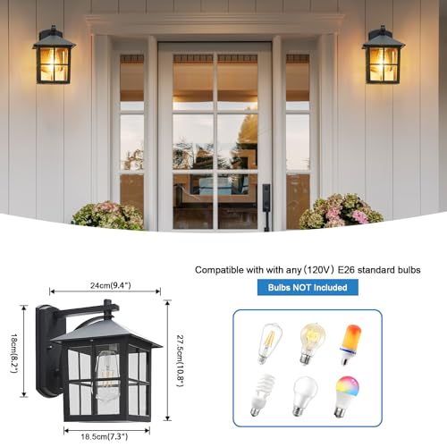 Black Outdoor Wall Light for Porch Courtyard Corridor Hallway Doorways Patio, Waterproof Outside Wall Sconce Lights Fixture, Aluminum Exterior Lantern Wall Mount Wall Lamp, 2 Pack
