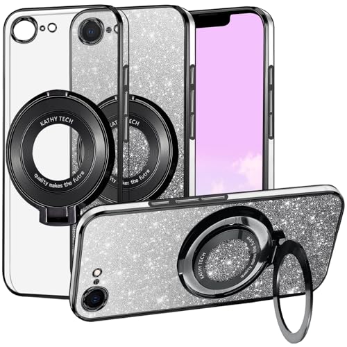 Coque iPhone 16e transparente paillettes noires avec anneau MagSafe