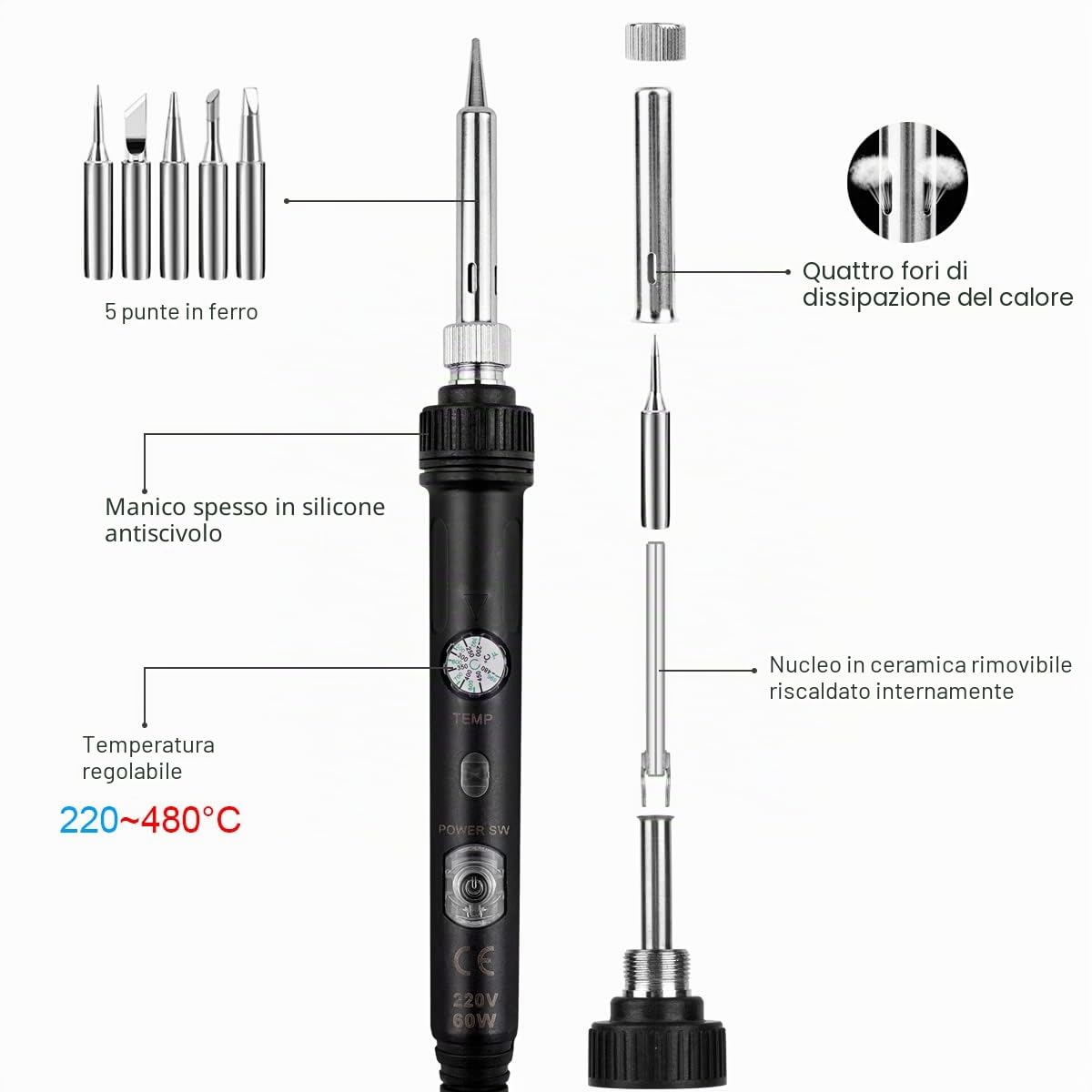 Stazione di saldatura 60 W 18 in 1, temperatura regolabile 220-480 °C, 5 punte, set saldatore