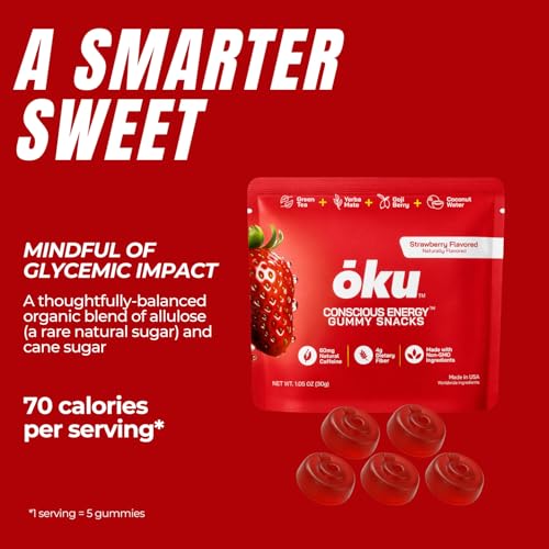 Image of ōku Functional Energy Chews, 60mg of Caffeine from Green Tea & Yerba Mate, Coconut Water for Hydration and 4 Grams of Fiber, Strawberry (8-Pack)