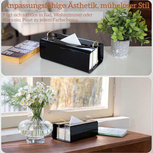 Acryl Kosmetiktücherboxen Rechteckig mit Geschwungenem Design - Dekorativer, Moderner, Kristallklarer Taschentuchspender mit Goldenen Metallakzenten für Bad/Wohnzimmer/Büro-Deko