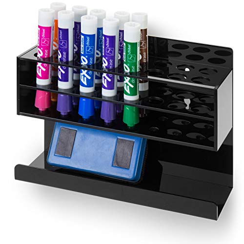 MyGift 16 Slot Wall Mounted Premium Black Acrylic Dry Erase Whiteboard Marker and Eraser Storage Holder Organizer Rack
