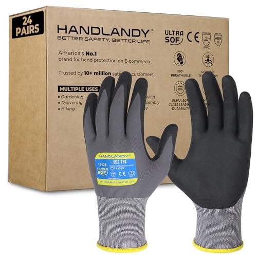 Image of HANDLANDY 6 Pairs Safety Work Gloves with MicroFoam Nitrile Coated - Breathable Nylon Gloves with Grip for Men & Women