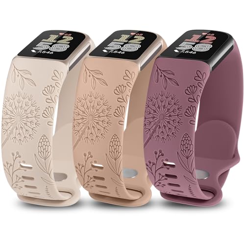 TOYOUTHS 3 Packs Floral Engraved Compatible with Fitbit Charge 5/Charge 6 Strap for Women Soft Waterproof Silicone Sport Band with Cute Dandelion Flower Pattern Starlight/Milk Tea/Smoked Violet