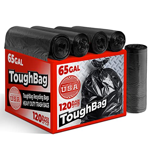 ToughBag 65 Gallon Industrial Trash Bags, 49 x 49” Large Black Garbage