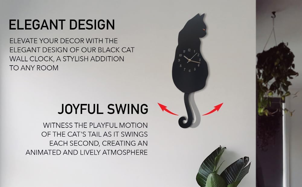 Black Cat Swinging Wall Clock, Cat Clock, Moving Tail Clock, Pet Memorial, Gifts for Lovers. (Numbered)