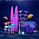 Lpraer 4 Pack Glow Aquarium Decorations Branch Coral Reef Mushroom Seaweed Simulation Glow Plant Glowing Effect Silicone for Fish Tank...
