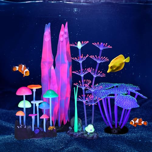 Image of Lpraer 4 Pack Glow Aquarium Decorations Branch Coral Reef Mushroom Seaweed Simulation Glow Plant Glowing Effect Silicone for Fish Tank Decorations