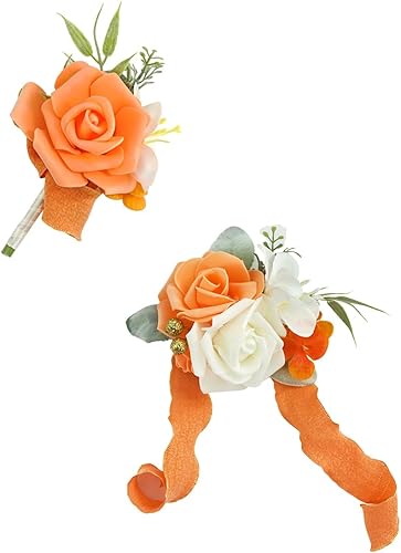 Ansofi Juego de ramillete y boutonniere naranja y crema, pulseras de ramillete de flores artificiales para graduación, pulsera de ramillete de