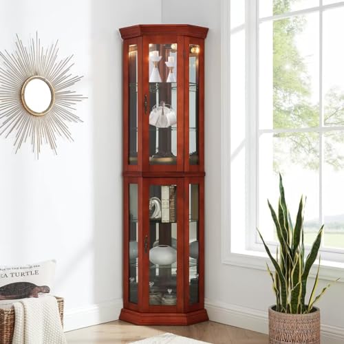 JIJIWANG Lighted Curio Cabinet 6 Shelf Corner Corner with ShelvesďźDisplay Case for Living Room, China Hutch with Adjustable Tempered Glass Shelves Doors and Shelves, Bar and Liquor Storage Area-Oak