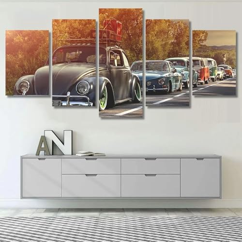 Impression sur toile 5 parties coccinelle et voiture classique pour salon