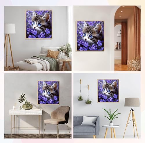 Image of QENSPE Diamond Art Kits for Adults, DIY Kitten Diamond Painting Kits, 5D Adults Full Drill Purple Flowers Diamond Dots for Beginners, Gem Art Crafts Home Wall Decor Gifts 12x12 inch