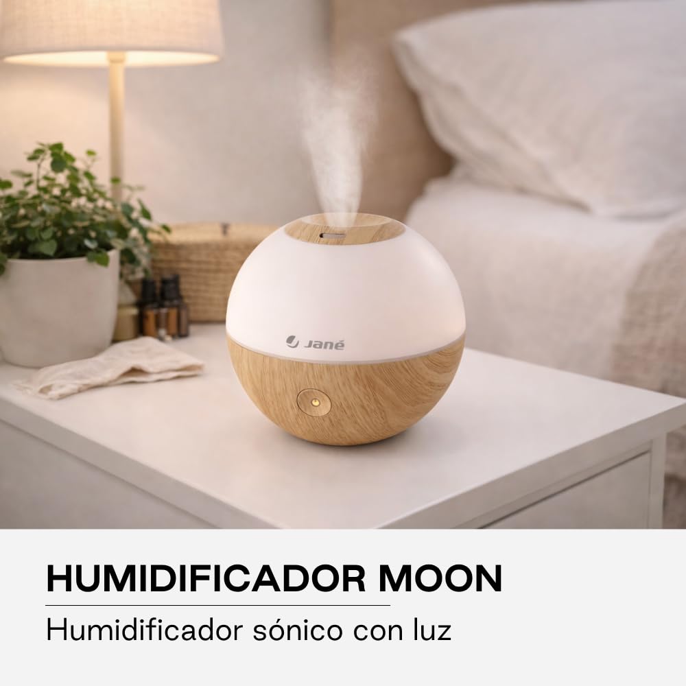 Jané Humidificador Ultrasónico Bebé con Luz, Difusor de Aromas, 2 Velocidades, Vapor Frío, Autoapagado, Salida 360º, Madera