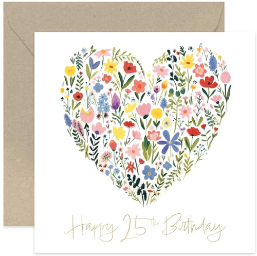 Old English Co. Wonderful 25th Birthday Card for Her - Floral Heart Painting Gold Foil Card - Cute Birthday Card for Female - 25 Years Old Birthday Card Gifts - Flower Card | Blank Inside Envelope