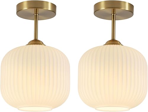 Miniatura 8 de Lámpara de Techo Semiempotrada de Latón Moderna de Mediados de Siglo Pequeña Lámpara de Techo Empotrada de Vidrio Esmerilado Acanalado Luz Empotrada