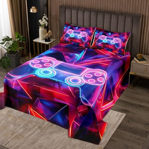 jejeloiu Gamer Bedspread King Size Kids Game Controller Coverlet for Boys Teens Gaming Gamepad Gifts Coverlet Set Game Room Decor Purple Room Decor