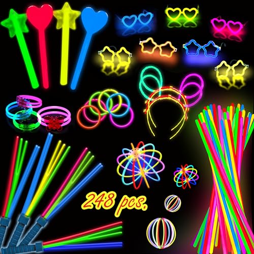 248 PCS Glow Sticks Halloween Party Pack - 100 Pcs 8 Inch Glow sticks 6 Pcs Glow Sticks Wands Create Glow In The Dark Necklaces Bracelets. Neon Light Sticks Decoration For Parties Favors Glow