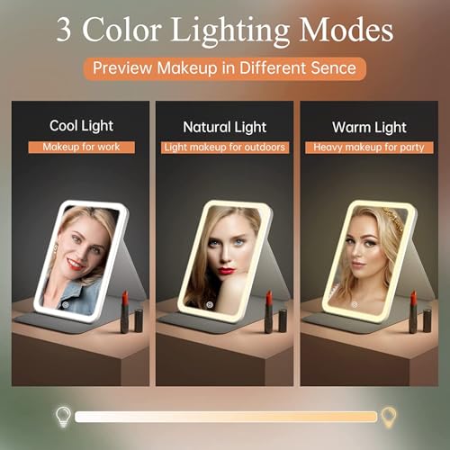 Image of Rechargeable Travel Lighted Makeup Vanity Mirror with PU Leather Cover, Portable Travel Makeup Mirror with Lights, 3 Color Lighting,Touch Sensor Dimmable, Light Up Tabletop Cosmetic Mirror Folding