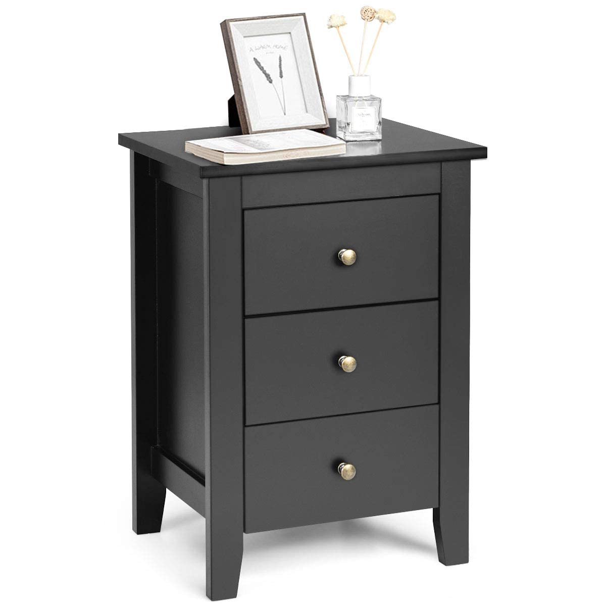 SafeplusNightstand, Side Table with 3 Drawers, Bedroom Side Storage Cabinet Wooden End Table Accent Table Solid Wood Legs (Black, 1 Pic)