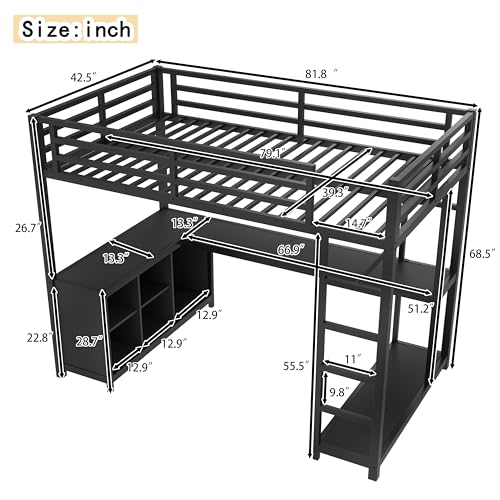 Image of Bellemave Twin XL Size loft Bed with L Desk, Wardrobe, Metal Twin XL Loft Bed Frame for Adults, Kids, Teens, Black