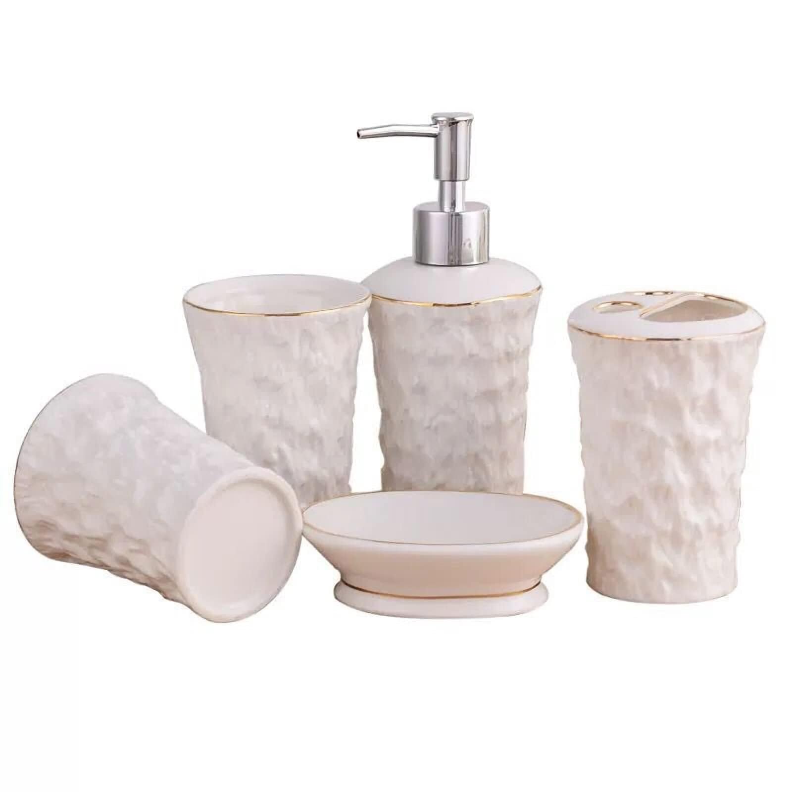 Juego de Accesorios de baño Dispensador de jabón, Porta cepillos Dientes, Plato for 2 Tazas, Blanco con Detalles Dorados Decoración estética para el hogar
