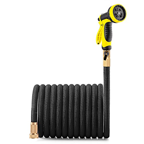 Lightweight Expandable Solid Brass Valve Connector Garden Hose with 10 Pattern Spray Nozzle - 100FT Black