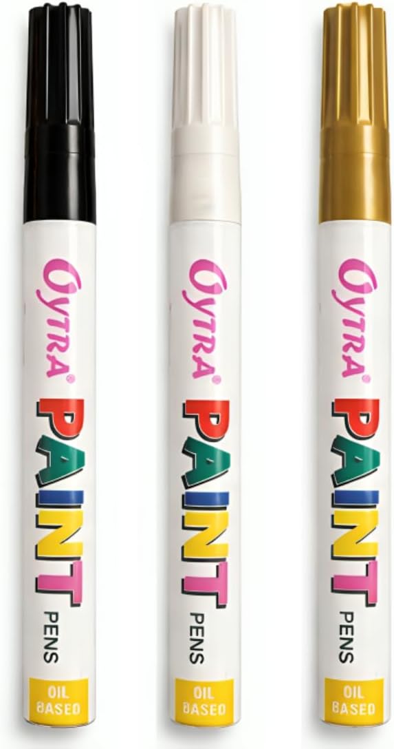 Oytra Paint Marker Pens Permanent Waterproof Oil Based Individual pens Works and All Surfaces, Wood, Fabric, Steel, Glass (Black, White, Gold)