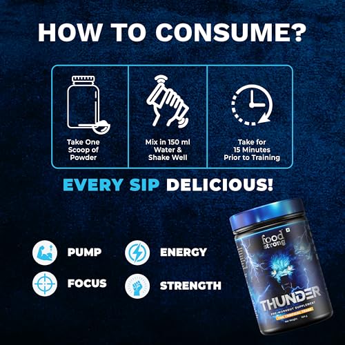 Image of Foodstrong Thunder Pre-Workout Supplement | Energy, Pump, Focus & Strength | Tropical Tease Flavour | 60 Servings | 324 g