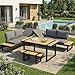 Mrwoo Gartenmöbel Set, Eckstellung Lounge Möbel Outdoor mit 5-stufig Verstellbarer Neigefunktion, 6‑Teiliges, Sofa, Esstisch und Bank, Aller Sitz- und Rückenkissen, Grau + Schwarz