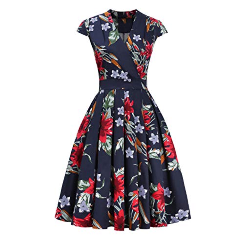 Xinantime Womens V-Neck Gown Dress Vintage Print Evening Dresses Summer Off Shoulder Cotton Prom Dresses Backless Retro Cocktail Dress Navy
