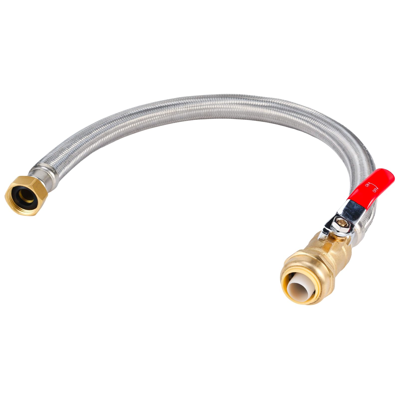 Manguera trenzada de acero inoxidable para calentador de agua caliente de 24 pulgadas, válvula de bola de 3/4 pulgadas FIP x 3/4 pulgadas, accesorio de latón a presión