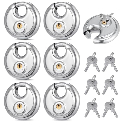 Diskusschloss 70mm, 6 Stück Vorhängeschloss mit Schlüssel aus Edelstahl Rostfrei Wetterfest Rundbügelschloss Gleichschließend Sicherheitsschloss für Lagerraum Garage Schuppen und Fitnessstudio