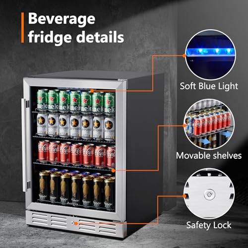 24 Inch Under Counter Beverage Fridge -Max 164Cans Capacity Drink cooler,Wide 24''Perfectly for Built in Space, Adjustable shelves for any size beverage/beer/soda Transparent door Refrigerator on Fridge.com