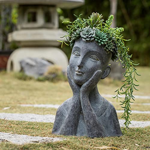 Newman House Studio Face Cactus Succulents Planter Pot - Indoor Outdoor Planter With Drainage Hole Garden Statues Cute Plants Pot Flower Pot Farmhouse Decor 11 * 8.5 * 16.5 Inch #TOP1