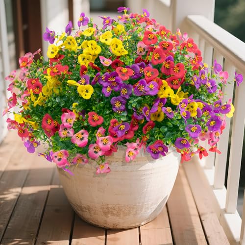 U'Artlines 16 Bundles Artificial Pansy Flowers Outdoor Fake Plants for All Seasons, UV Resistant Faux Flowers Silk Pansies with Eucalyptus Leaves for Planters Porch Yard Patio Balcony Home Decor