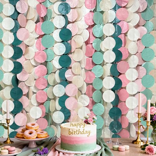 Image of 205 Ft Sage Green Dusty Rose Pink Khaki Beige Circle Dot Backdrop Garland Tissue Paper Polka Dots Hanging Streamer for Girl Wild Jungle Safari Woodland Birthday Party Decorations Supplies