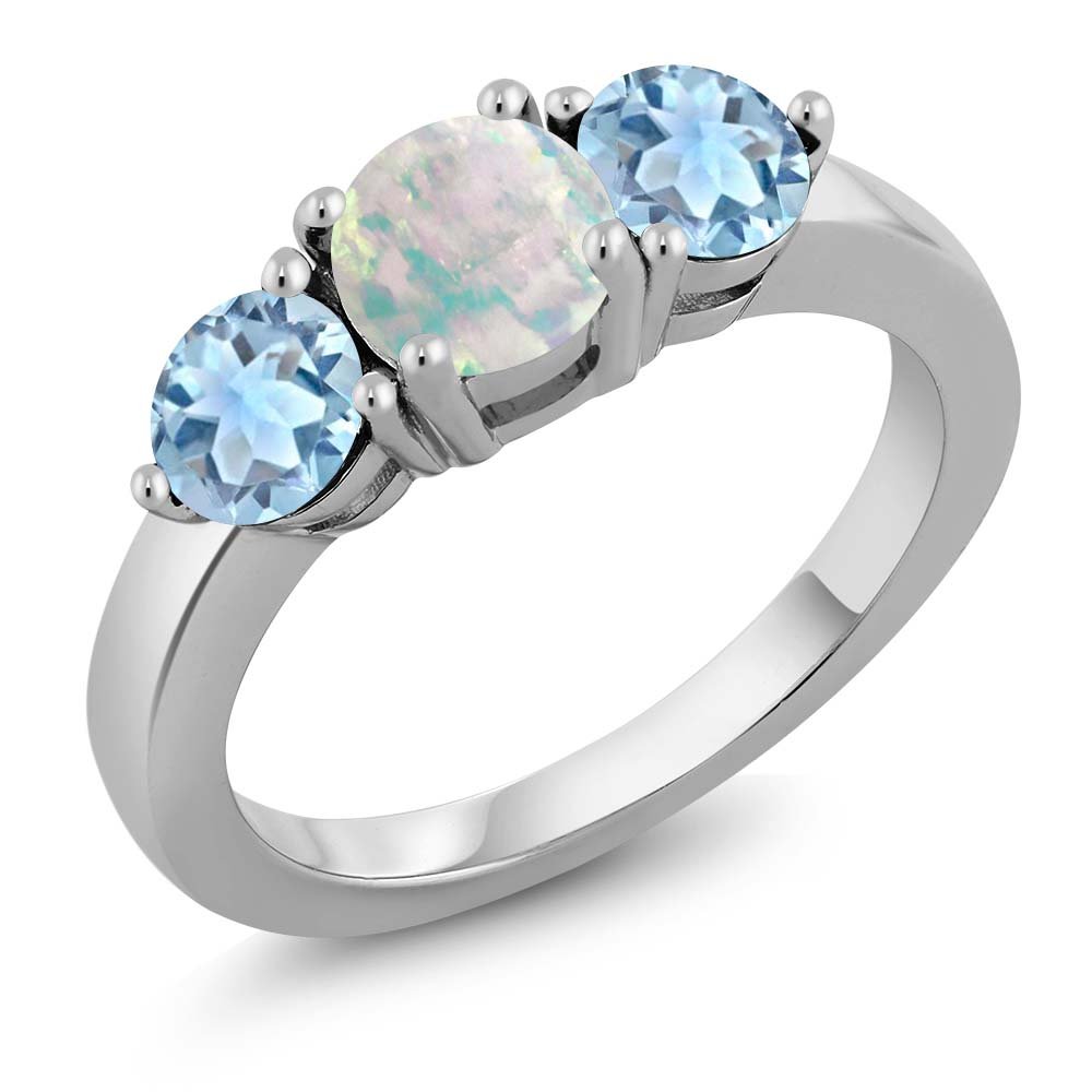 Gem Stone King 2.05 Ct Round Cabochon White Simulated Opal Sky Blue Topaz 925 Sterling Silver Ring