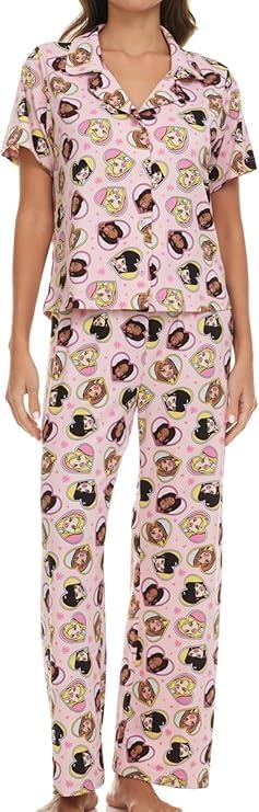 COCO BRANDS Bratz Womens Pajama Set, Soft Stretchy Pajamas with Pants and Short Sleeve, Notch Collar & Button Down Top