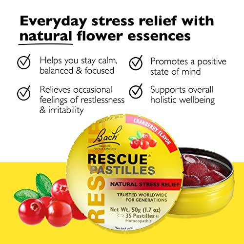 Bach Rescue Pastilles, Cranberry Flavor, Natural Stress Relief Lozenges, Homeopathic Flower Essence, Vegetarian, Gluten & Sugar-Free, 35 Count #TOP1