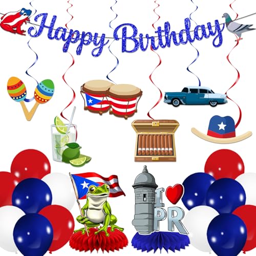Puerto Rico Party Decorations: Puerto Rico Decorations with Glitter Blue Happy Birthday Banner Hanging Swirls Centerpieces Balloons Puerto Rican Rapper Themed Decor
